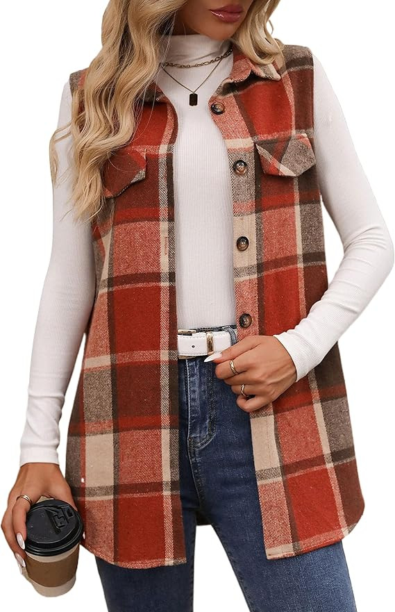 ZILIN Women's Flannel Plaid Vest Button Down Sleeveless Shacket Shirt Jacket | Amazon (US)
