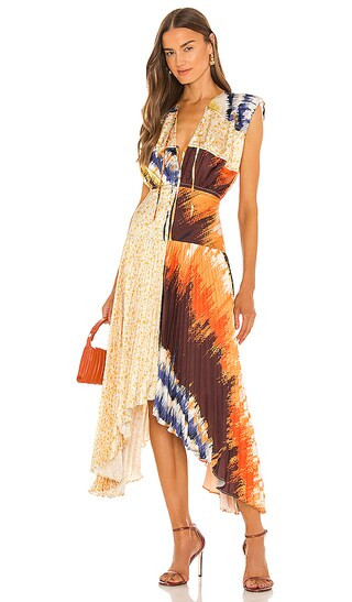 AMUR Milan Pleated Midi Dress in Tan. - size 8 (also in 4) | Revolve Clothing (Global)