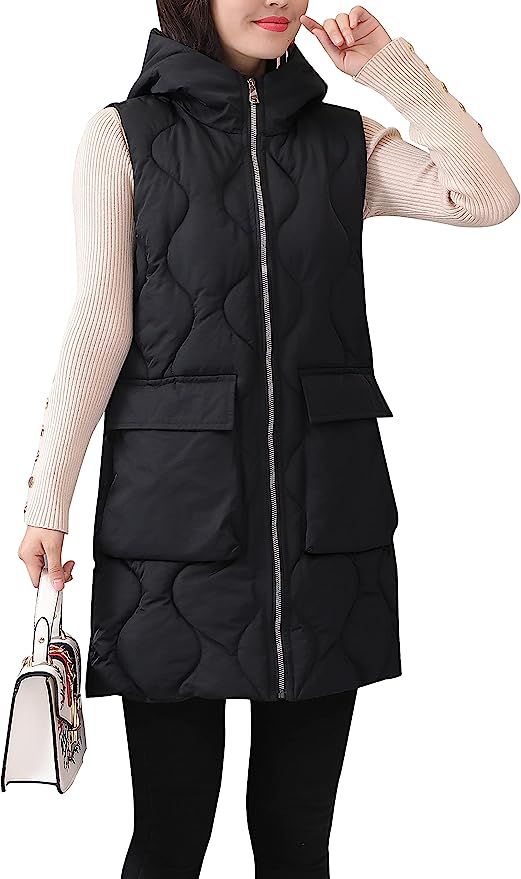 HangNiFang Winter Long Puffer Vest for Women Zip Up Hoodie Quilted Vest Jacket(0346-Black-XL) at ... | Amazon (US)