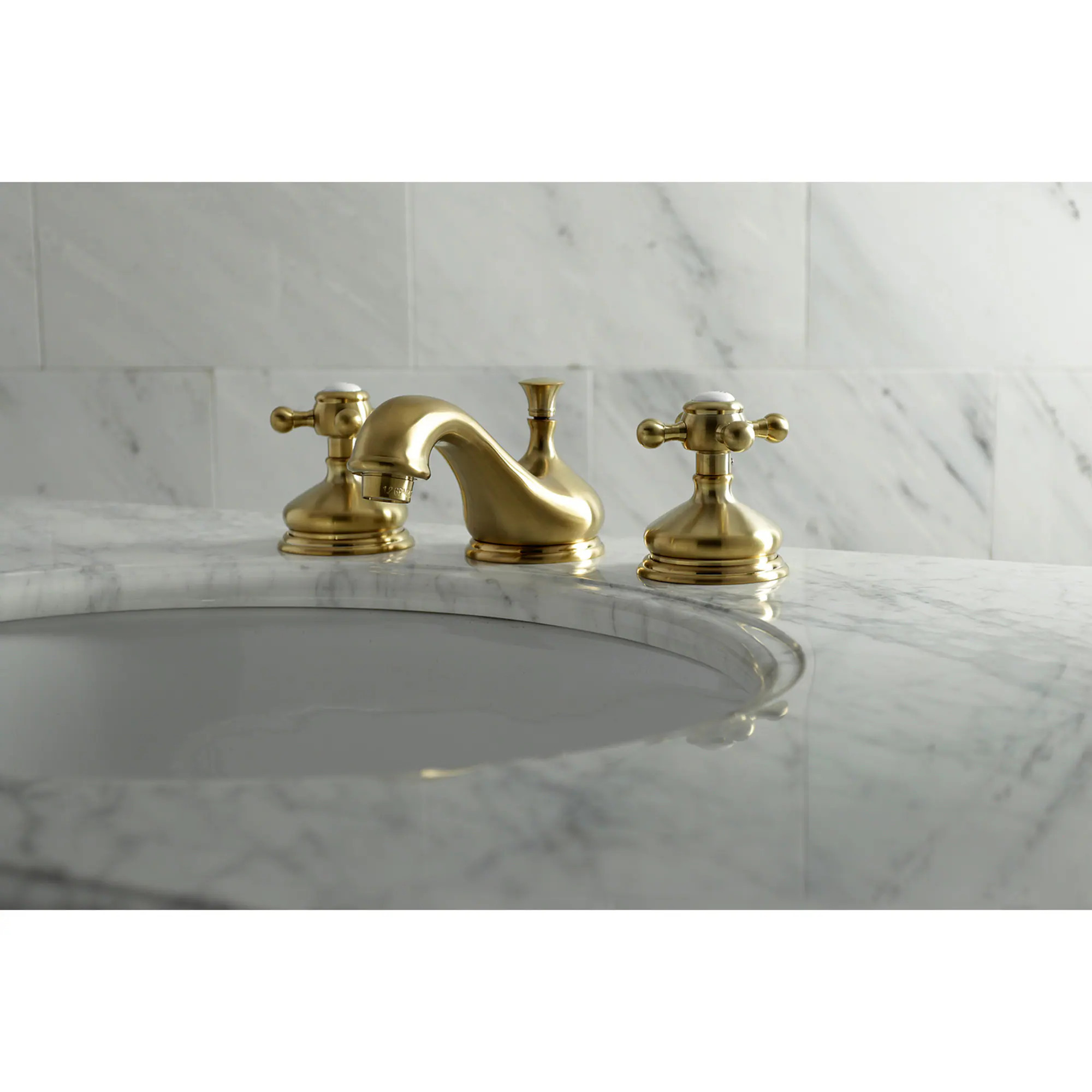Kingston Brass Vintage Brushed brass Widespread 2-handle Low-arc Residential Handle Bathroom Sink Faucet with Drain | WLKS1167BX | Lowe's