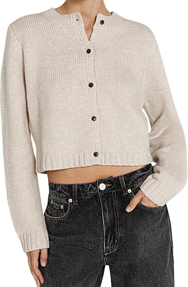 Cioatin Women Long Sleeve Button Down Knit Crop Cardigan Open Front Lightweight Sweater Pullover ... | Amazon (US)