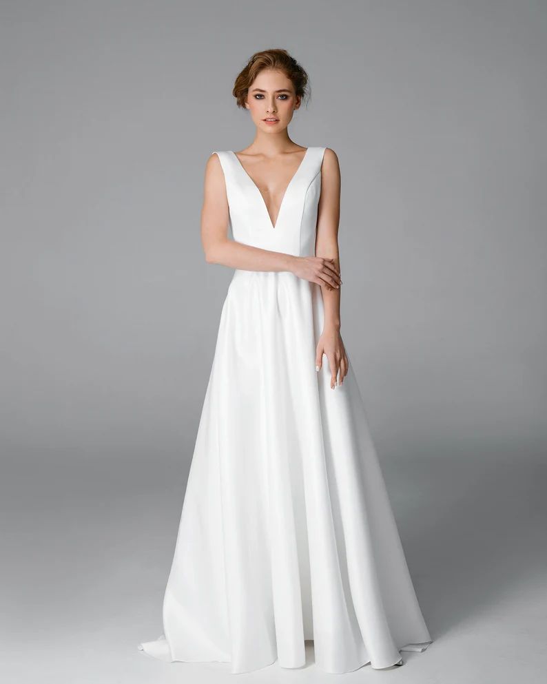 Deep V Satin and Tulle Wedding Dress, Low Back A-line Wedding Dress, Backless Elegant Wedding Dre... | Etsy (US)