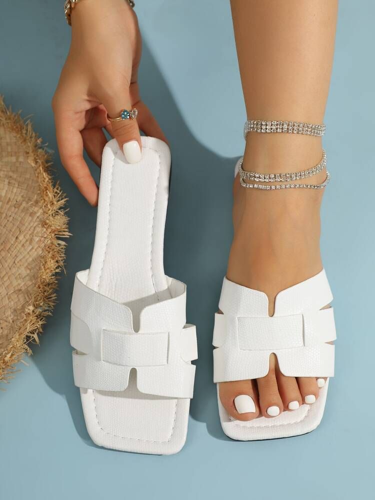 Elegant Outdoors Flat Slippers for Women, Snakeskin Embossed Plain Open Toe Slide Sandals | SHEIN