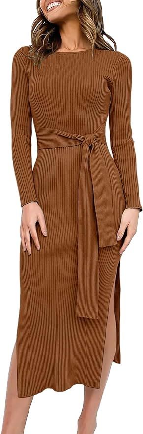 ANRABESS Women's 2023 Fall Elegant Sweater Dress Long Sleeve Crewneck Tie Waist Slim Rib Knit Sli... | Amazon (US)
