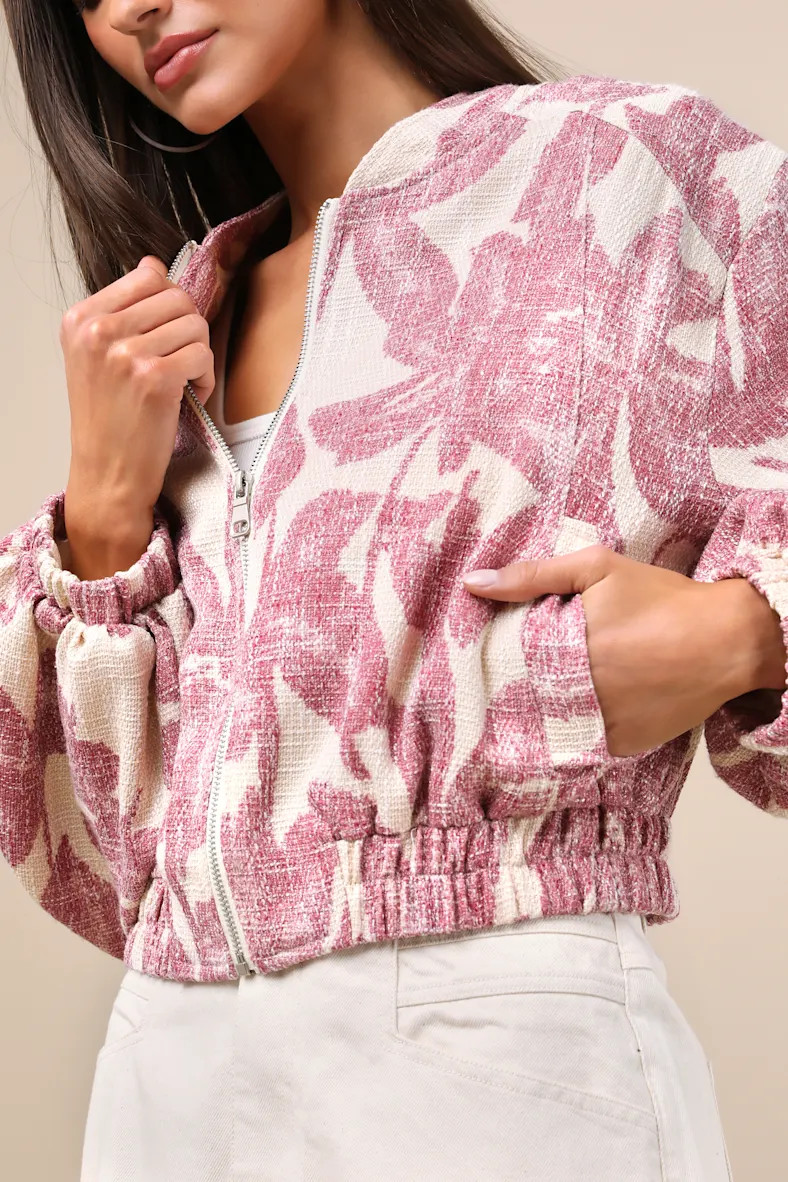 Signey Light Beige and Mauve Pink Floral Bomber Jacket | Lulus