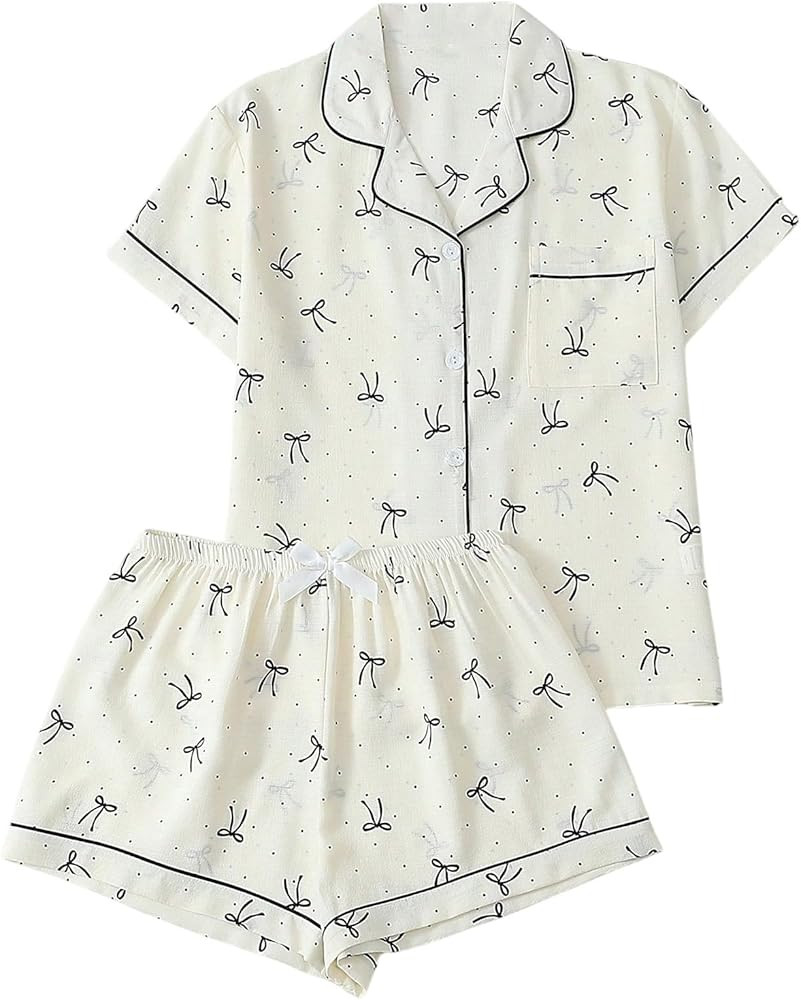 BEAUDRM Women's 2 Piece Pajama Sets Shell Print Short Sleeve Sleepwear Button Down Shirt and Bow ... | Amazon (US)
