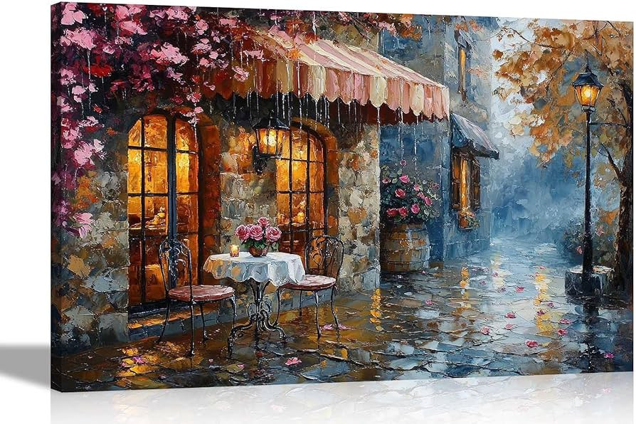 Artley Prints - Autumn Rainy Day at Picturesque Villiage Cafe Canvas Wall Art Pictures for Living... | Amazon (UK)