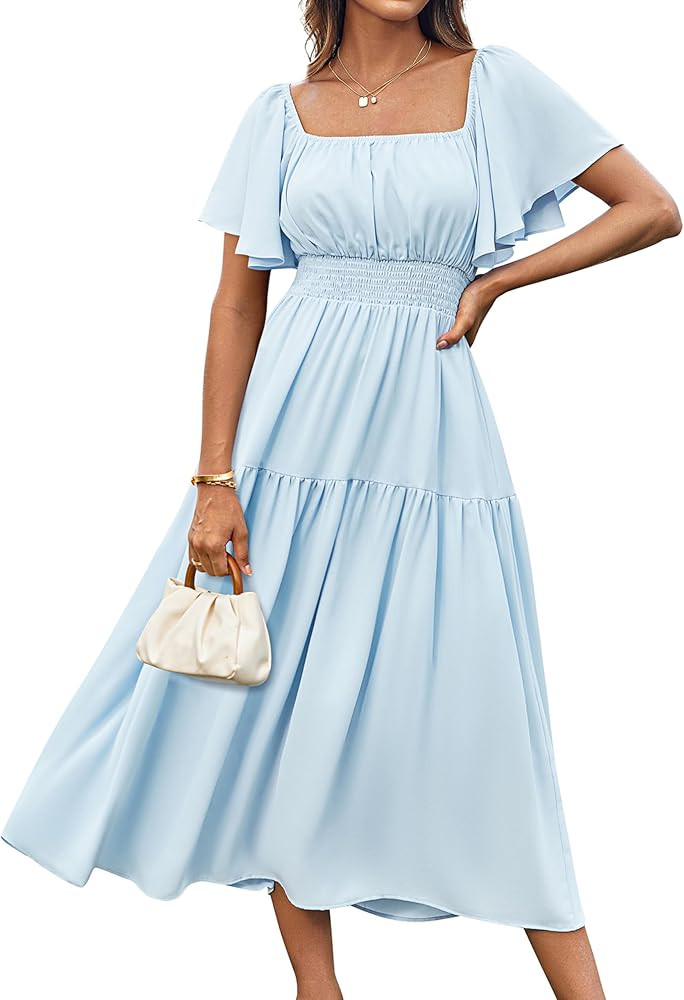 GRACE KARIN Women's Summer Short Sleeve Square Neck Smocked Waist Casual Vacation Tiered Flowy Ma... | Amazon (US)