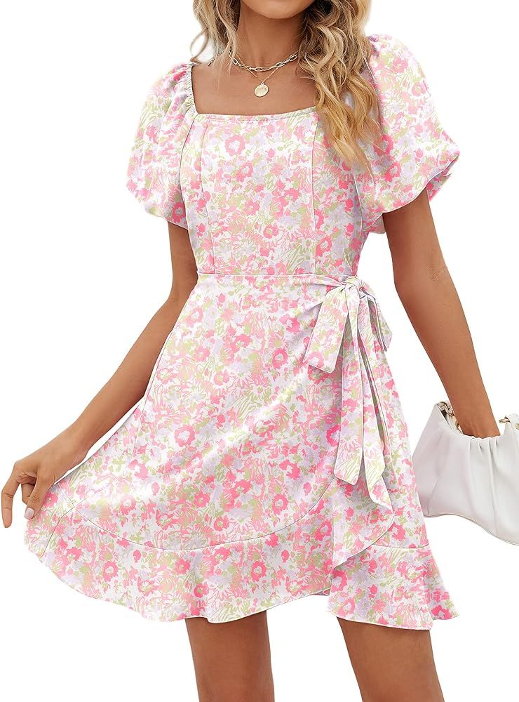 SAMPEEL Womens Summer Tie Waist Dresses Square Neck Puff Sleeve Casual Dress | Amazon (US)