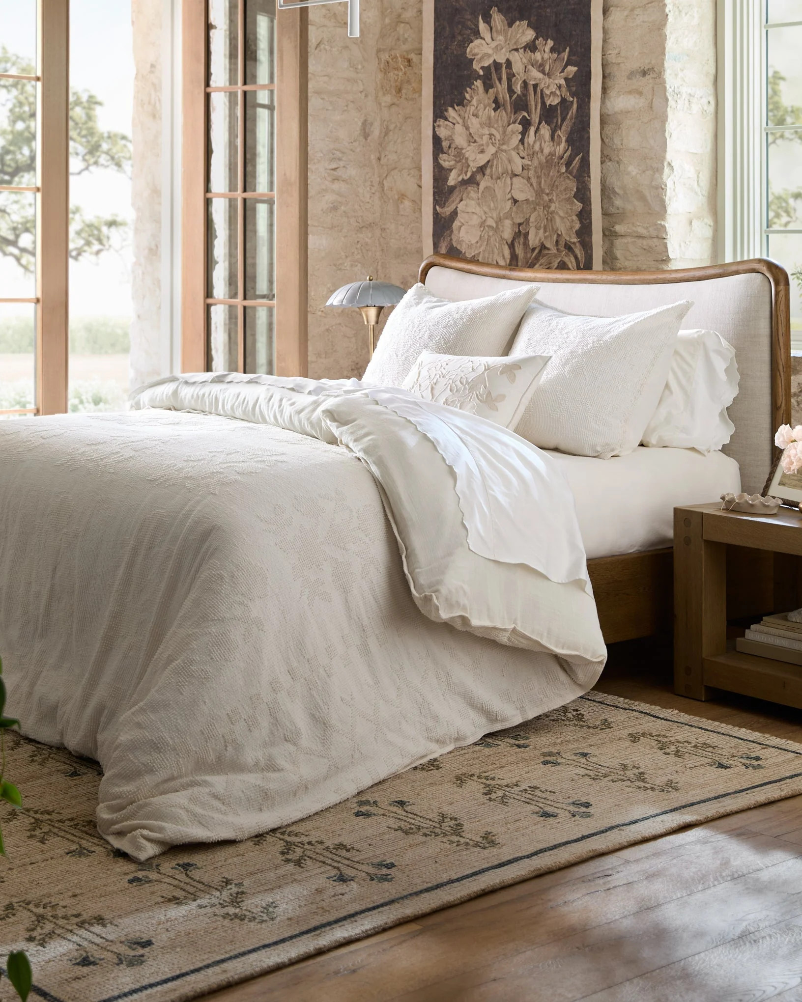 Kennie Upholstered Bed Frame with Carved Solid Oak and Linen Headboard | Magnolia