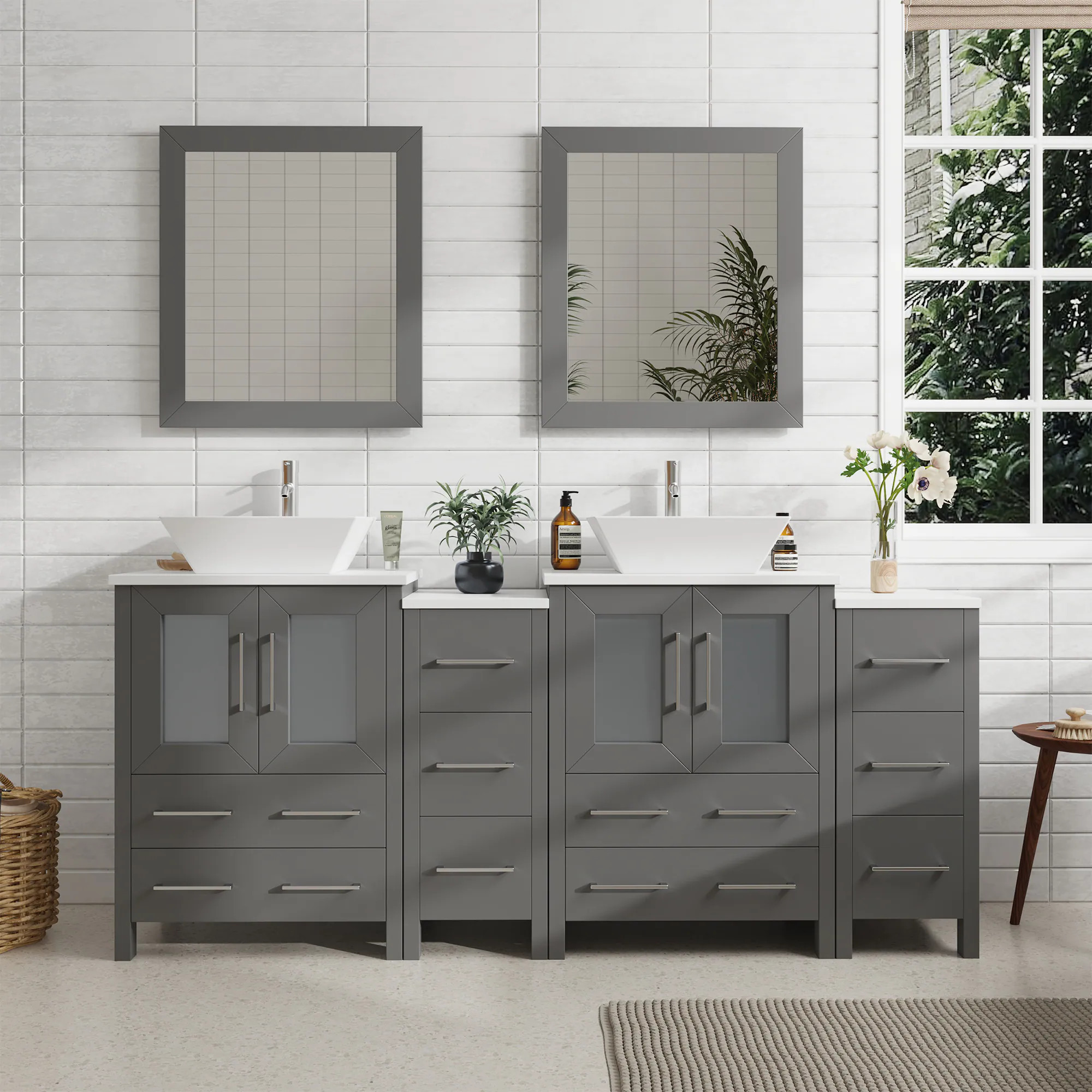 Vanity Art Ravenna 72-in Grey Double Sink Bathroom Vanity with White Engineered Marble Top (Mirror Included) in Gray | VA3124-72G | Lowe's