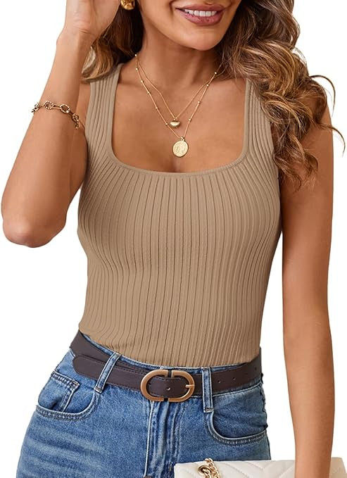 MEROKEETY Women's 2025 Ribbed Tank Tops Knit Square Neck Sleeveless Shirts Summer Casual Basic Ta... | Amazon (US)