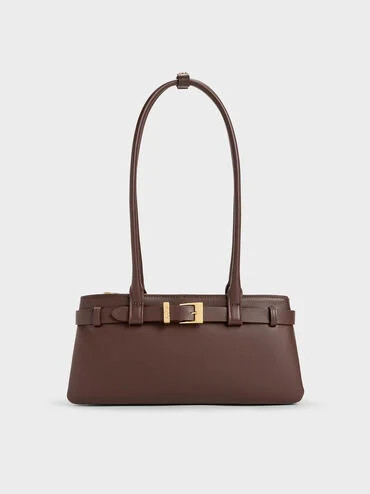 Jody Leather Belted Shoulder Bag
    
         - Dark Brown | Charles & Keith US
