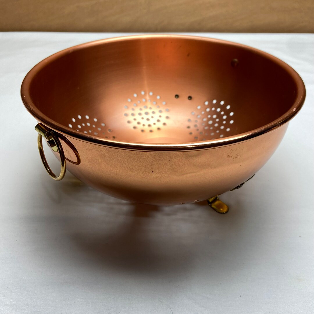 Vintage Copper Strainer Colander 9 Diameter X 4 H Attached Hanging Brass Ring Hooks With Brass Fe... | Etsy (US)