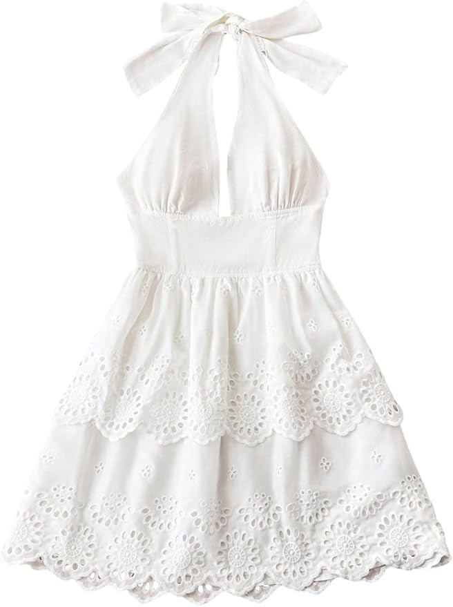 MakeMeChic Women's Eyelet Embroidery Halter Dress Backless Tiered Ruffle A Line Shirred Mini Dres... | Amazon (US)