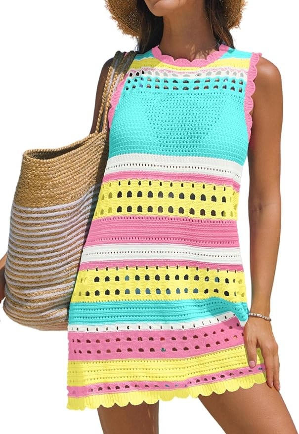 popvil Women’s Swimsuit Crochet Swim Cover Up 2026 Sleeveless Loose Bathing Suit Swimwear Mesh ... | Amazon (US)