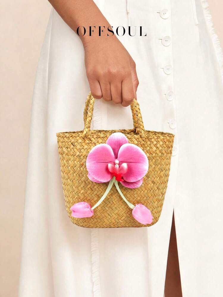 Holiday Beach Vacation Style Straw Bag, New Tulip & Orchid Flower Design, Personalized Woven Bask... | SHEIN