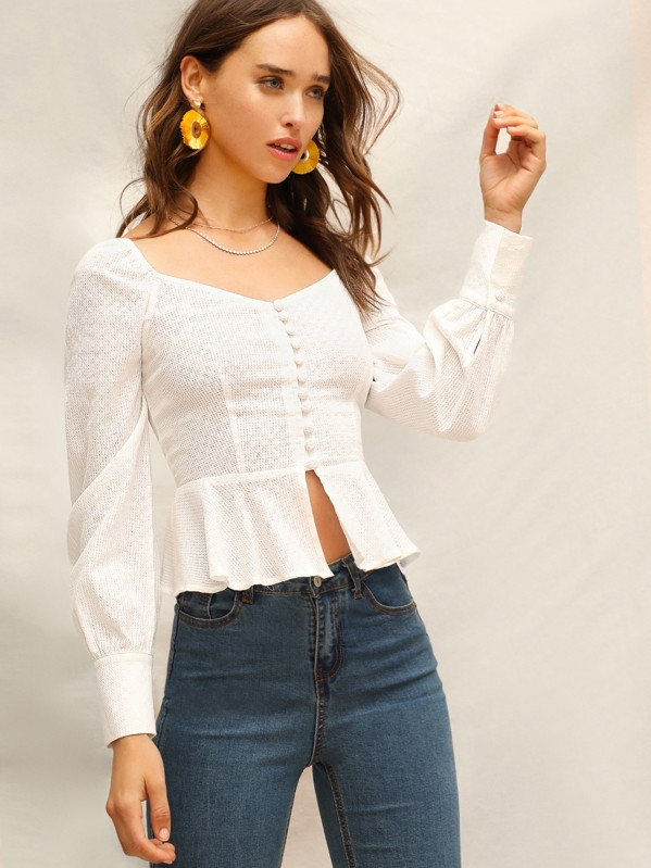 Covered Button Pep Hem Tea Blouse | SHEIN