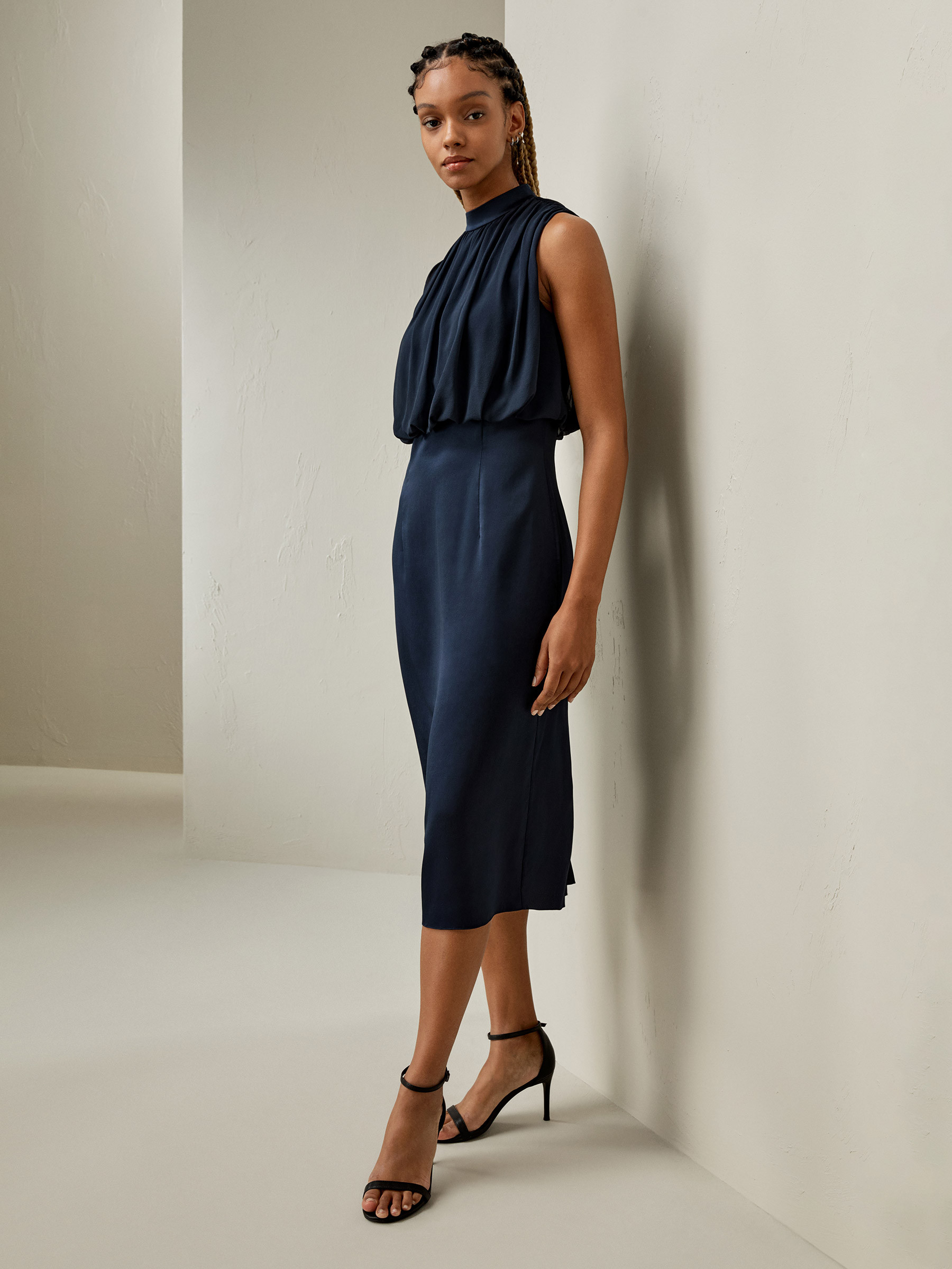 Plissiertes Ärmelloses Midi-Seidenkleid | LilySilk
