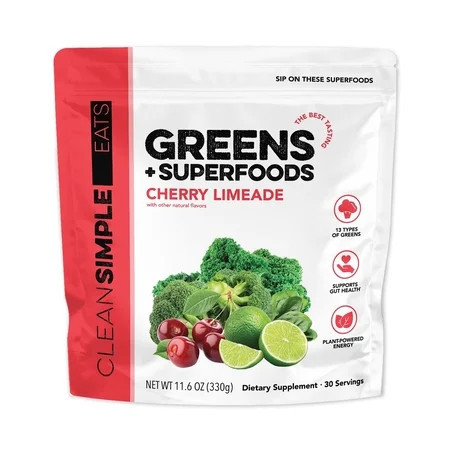 Clean Simple Eats Super Greens Powder, Cherry Limeade, Prebiotic Superfood Blend, No Artificial Ingredients, Gluten Free, 11.6 oz, 30 Servings | Walmart (US)