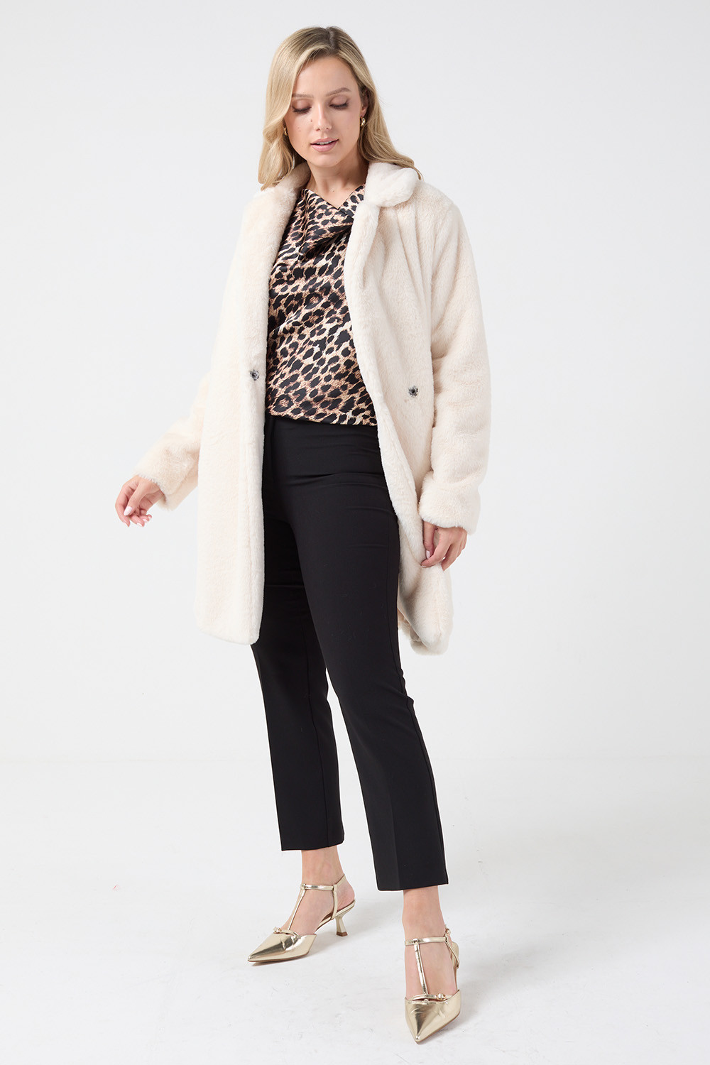 Cindy Long Faux Fur Jacket in Cream | iCLOTHING