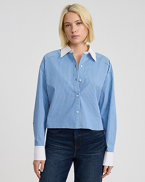 Striped Poplin Cropped Oversized Shirt | Express