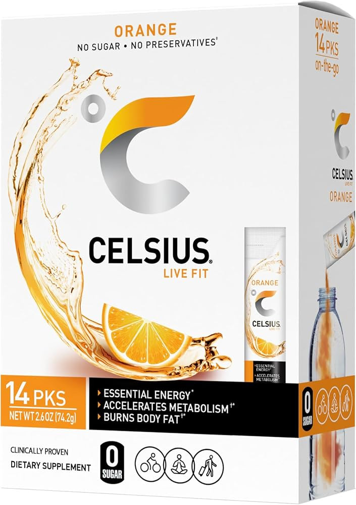CELSIUS On-the-Go Powder Stick Zero Sugar, Orange, 2.6 Oz (14 Sticks per Pack) | Amazon (US)