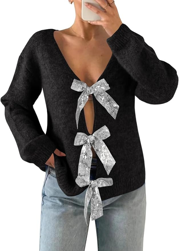 Saodimallsu Womens V Neck Long Sleeve Sweater Fall Trendy Sequin Bow Cropped Sexy Loose Knit Pull... | Amazon (US)