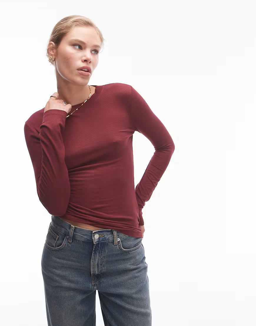 Topshop premium rib long sleeve top in burgundy-Brown | ASOS (Global)