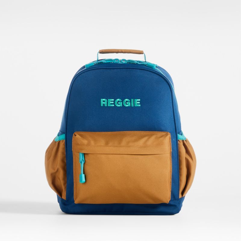 Colorblock Navy and Ochre Personalized Medium Kids School Backpack with Side Pockets + Reviews | ... | Crate & Barrel