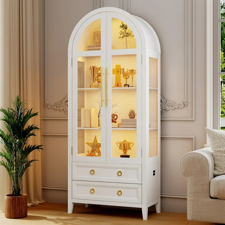 VKCC 70.8" Storage Cabinet with LED, Arched Glass Door & Drawers, Vintage Curio Display Bookcase ... | Walmart (US)