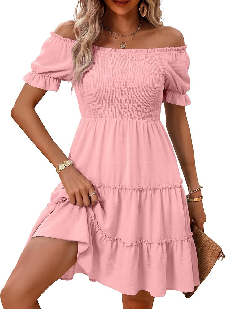 Women's Summer Off Shoulder Dress Square Neck Puff Sleeve Smocked Dresses Ruffle Hem Flowy Casual... | Amazon (US)