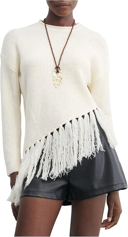 MakeMeChic Women's Boho Tassel Fringe Sweater Long Sleeve Crew Neck Pullover Fall Knitted Crop To... | Amazon (US)