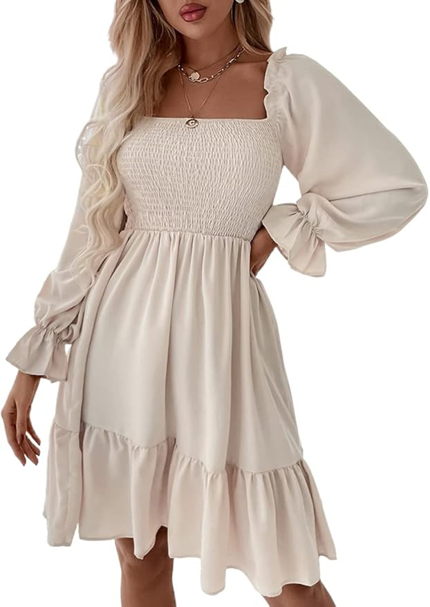 Pasgreson Square Neck Smocked Dress for Women Ruffle Hem Short Mini Dresses with Long Puff Sleeve | Amazon (US)