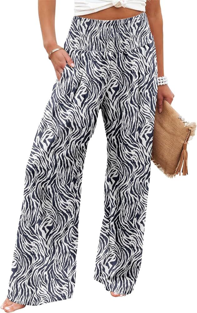 Angerella Womens Elastic High Waisted Palazzo Pants Casual Wide Leg Long Lounge Pant Trousers wit... | Amazon (US)