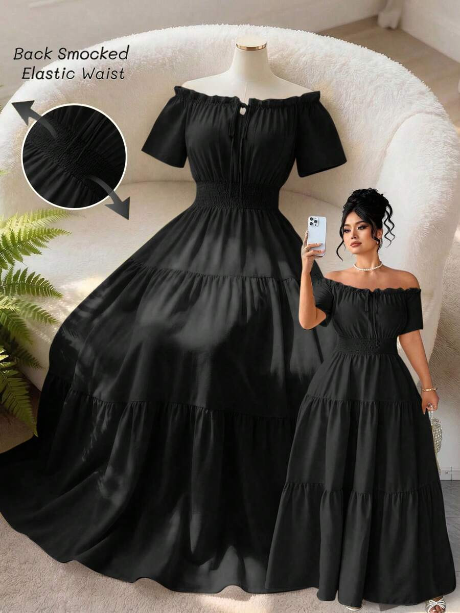 Elenzga Plus Size Women's Elegant Elastic Off-Shoulder Patchwork Short Sleeve Dress, Spring/Summe... | SHEIN