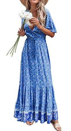 R.Vivimos Womens Summer Cotton Short Sleeve V Neck Floral Print Casual Bohemian Long Dresses | Amazon (US)