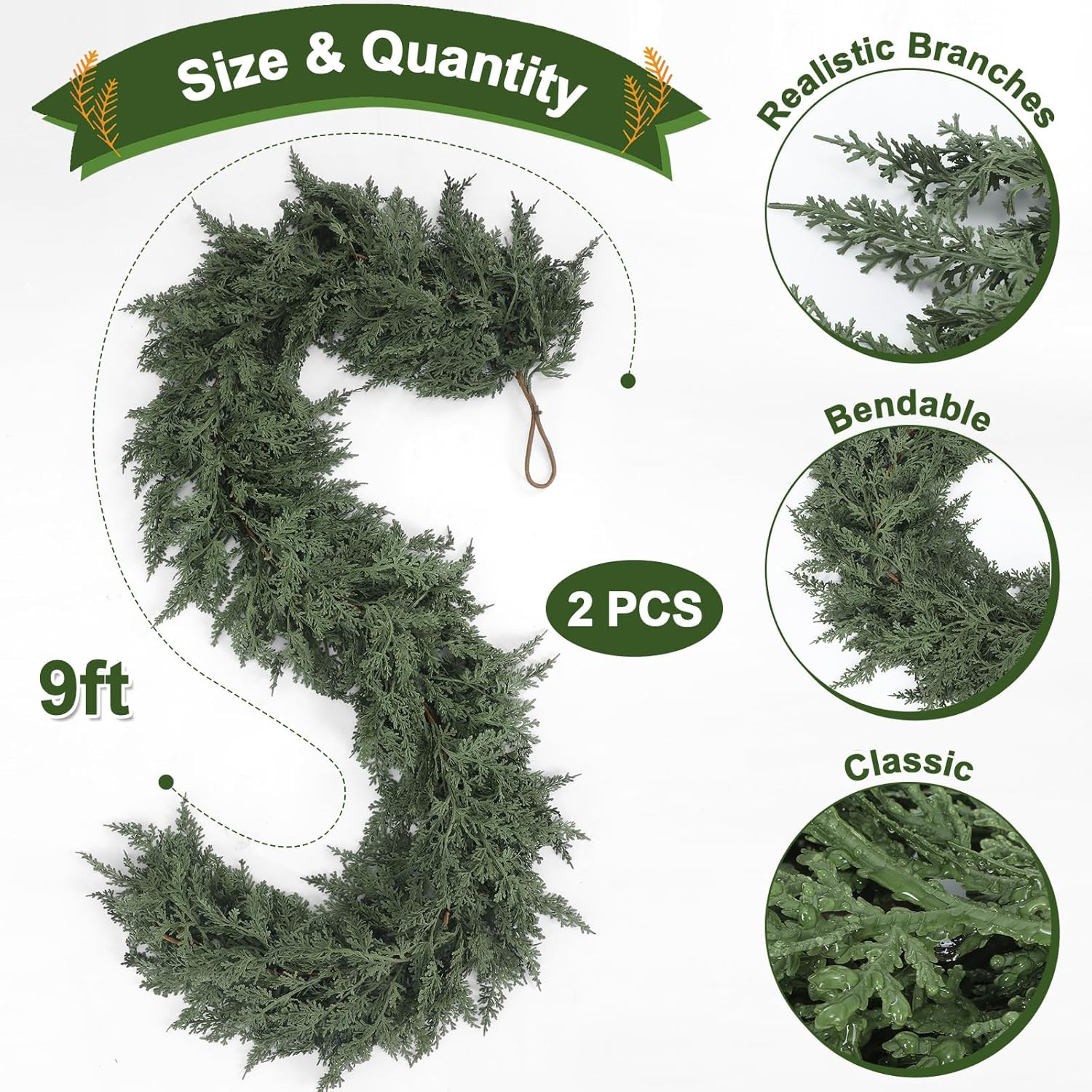 Jutom 2 PCS 9 ft Christmas Cedar Garland - Artificial Realistic Holiday Cedar Pine Needles Greene... | Amazon (US)