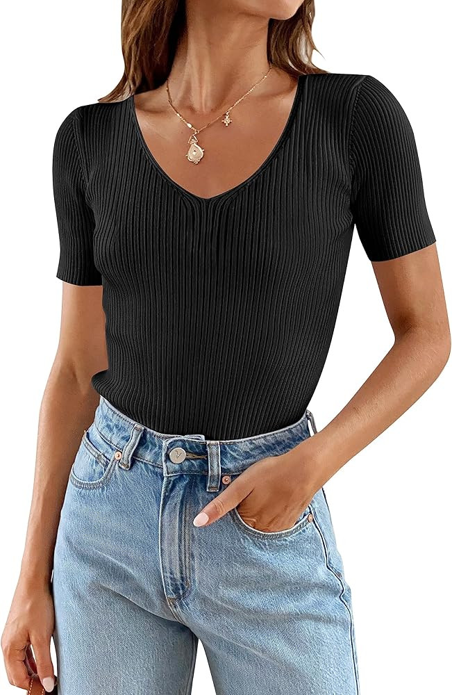 ZESICA Women's 2023 Short Sleeve V Neck Slim Fit T Shirts Summer Casual Ribbed Knit Solid Color B... | Amazon (US)