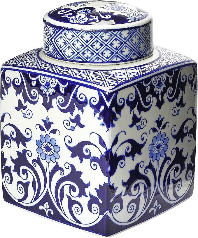 Creative Co-Op Decorative Square Ceramic Ginger Jar with Lid, Blue and White, Floral Pattern | Amazon (US)