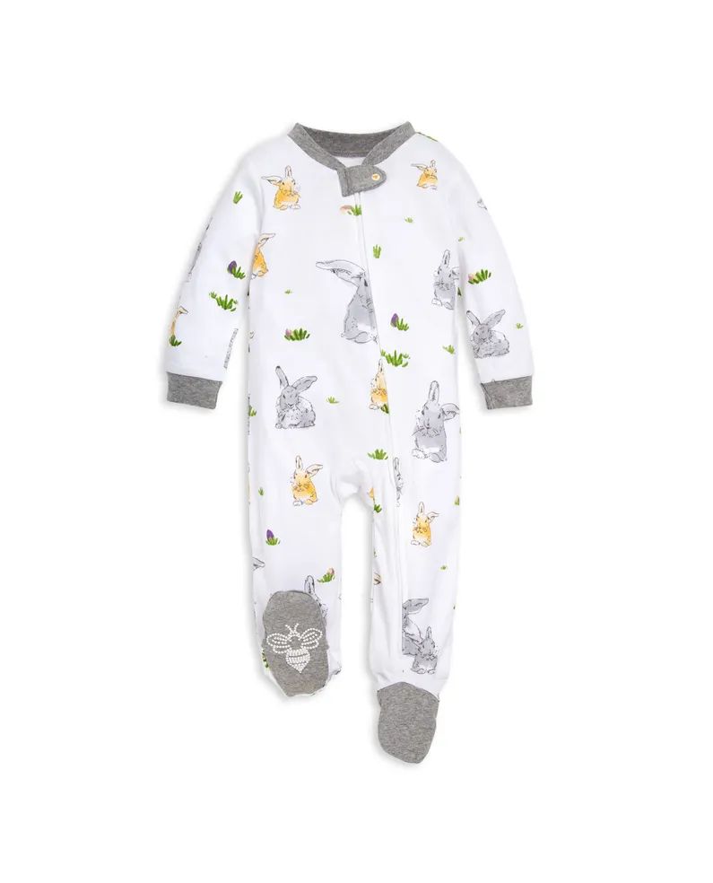 Baby Bunny Trail Watercolor Organic Cotton Zip Front Loose Fit Footed Pajamas | Burts Bees Baby