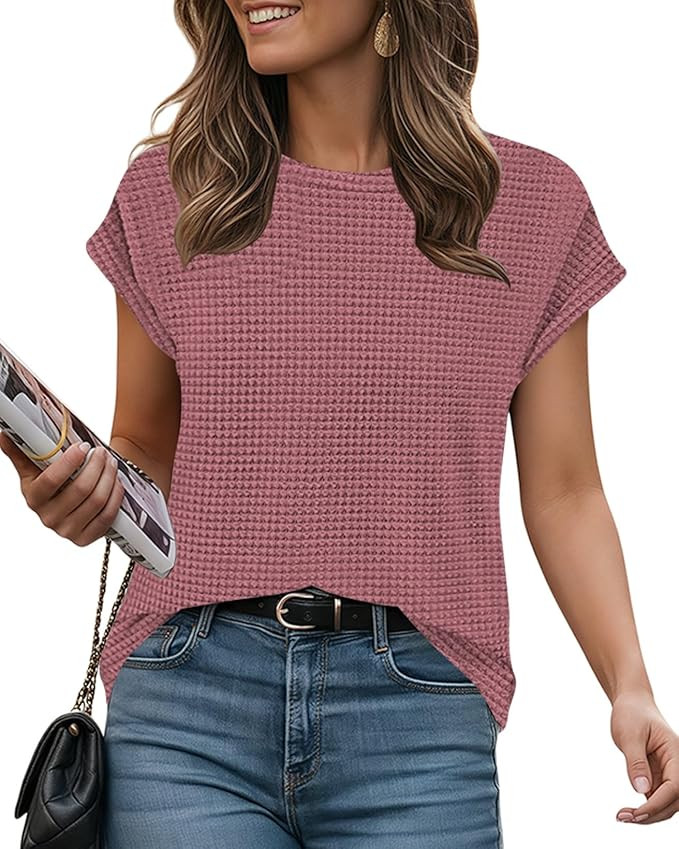 Summer Tops for Women Waffle Knit Tunic Shirts Cap Sleeve Knit Pullover Tank Top Fashion Clothing | Amazon (US)