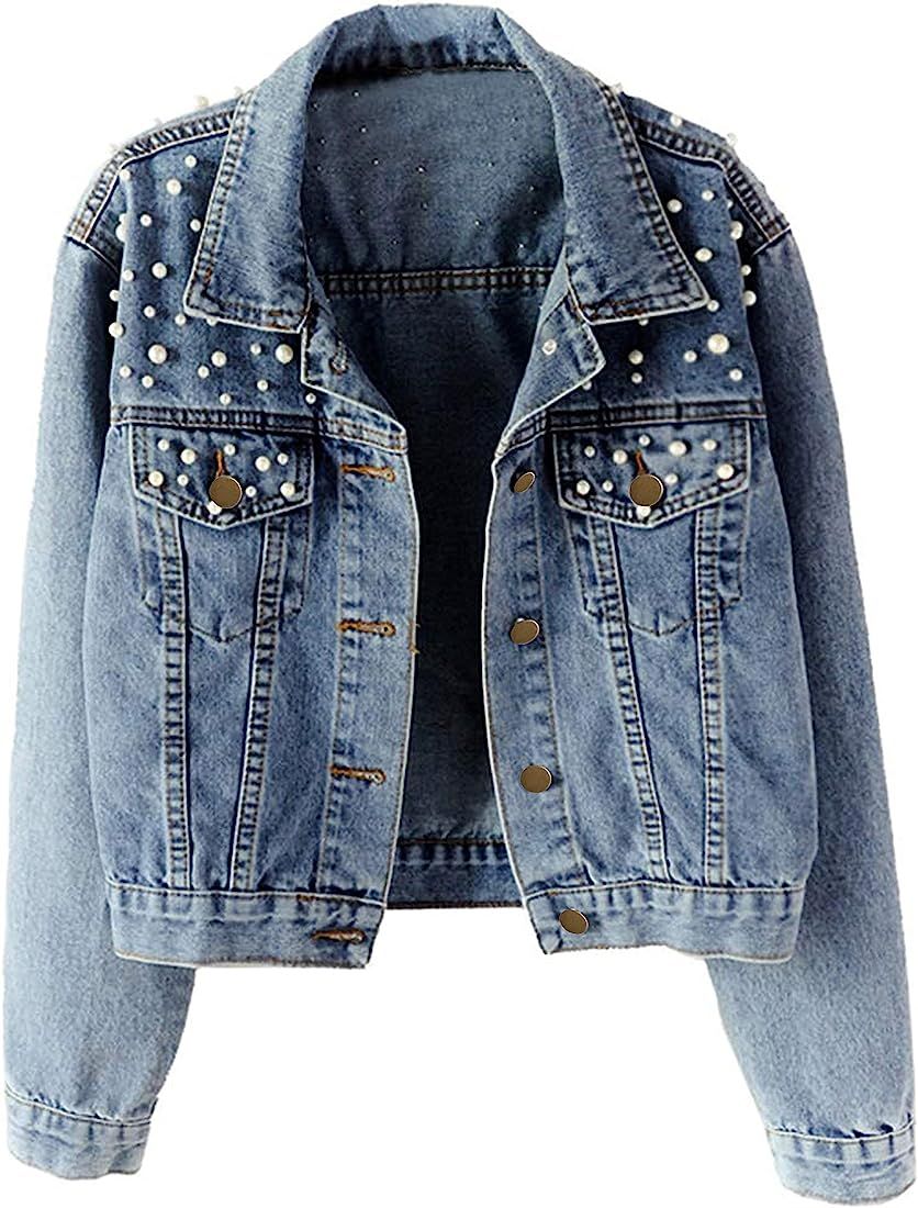 Tanming Women's Casual Embroidered Pearls Beading Denim Jacket Jean Coat | Amazon (US)