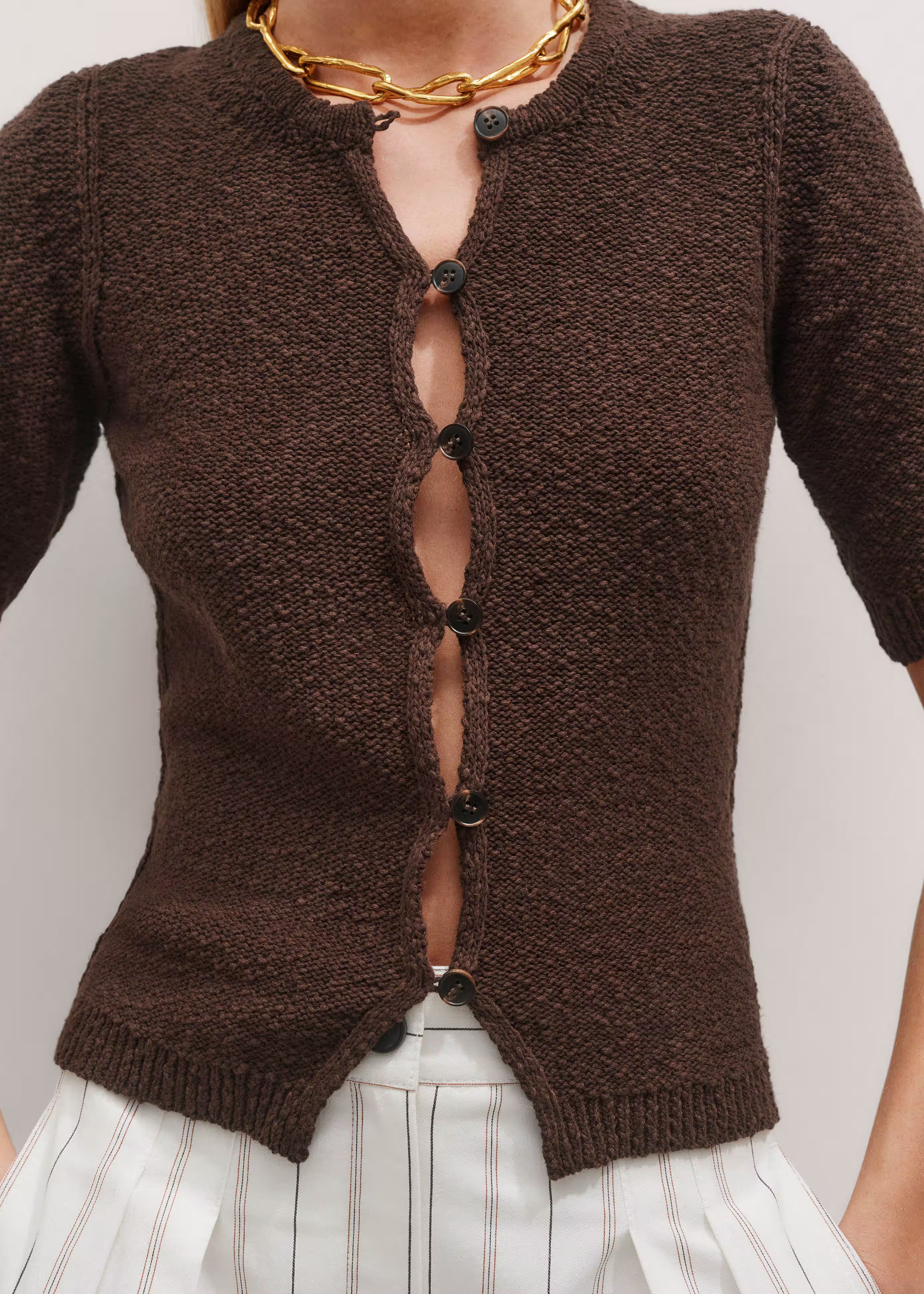 Women's Brown Bouclé Buttoned Tee | ME+EM | ME+EM Global (Excluding US)