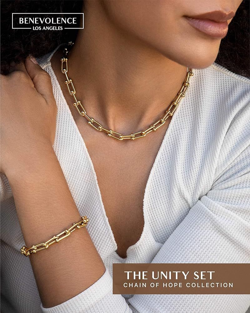 Paperclip Chain Necklace for Women with Paperclip Bracelet Set | Gold Chain Link Necklace Women, 14K | Amazon (US)