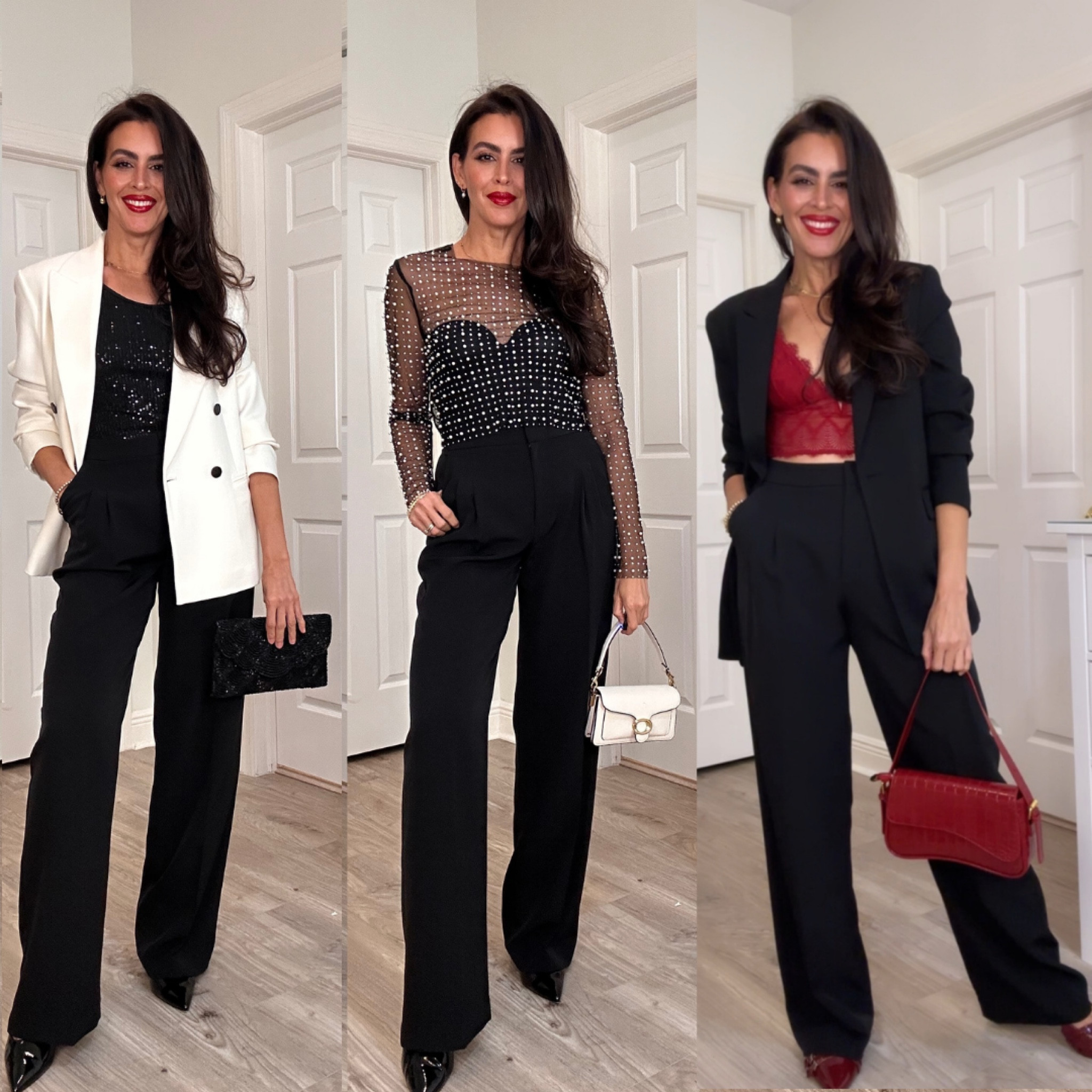 ‼️All sizing and details ⬇️
Outfit 1:
Size 6 in blazer.
Size 2 in pants. 
Size M in sequin top. Very stretchy.
Lipstick is feels so grand, w/lipgloss Aurora
Shoes are tts. Wearing size 9.5.
Adding a similar bag. 
Outfit 2:
Size 36B in black long bra. Size up runs small.
Mesh top in size S.
Shoes are tts.
Outfit 3:
Bralette in size s.
Adding similar black blazer. 

I’m 5’7” 126 pounds . Size S-XS


#LTKSeasonal #LTKWorkwear #LTKOver40