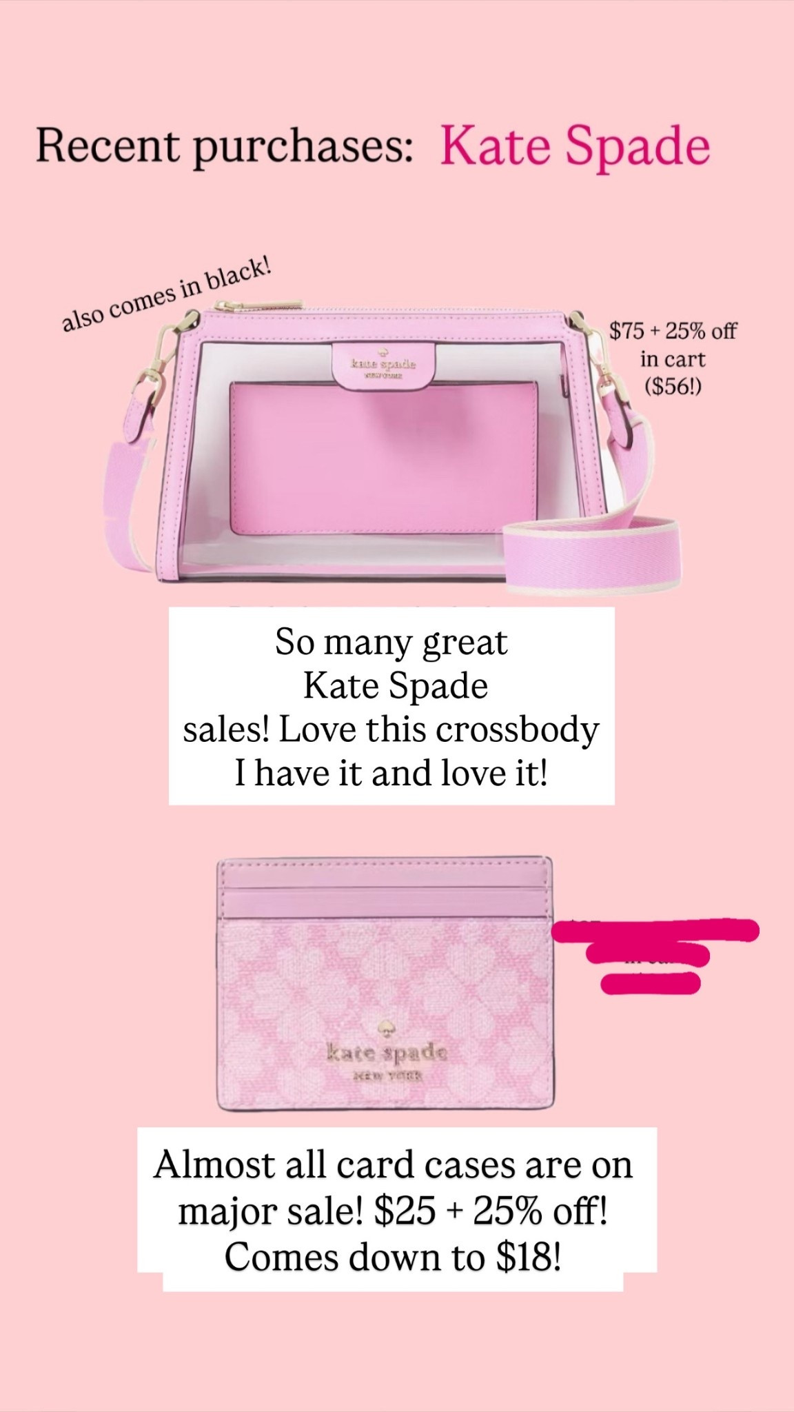 My pink kate spade bag is on major sale! $75 + 25% off! Also all card cases linked here are less then $18!!! On sale + 25% off too! Makes great gifts

#LTKSaleAlert #LTKGiftGuide #LTKFindsUnder100