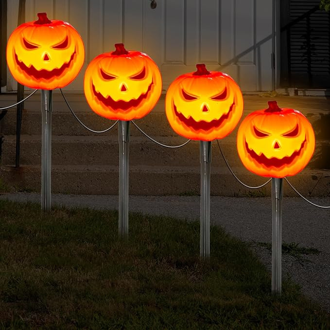 Set of 4 LED Halloween Pumpkin Pathway Markers String Lights with 4 Pumpkin Light, 7 Ft Expandabl... | Amazon (US)