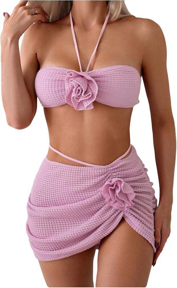 Verdusa Women's 3 Piece 3D Flower Halter String Bikini Set Waffle Swimsuits with Cover Up Skirt | Amazon (US)