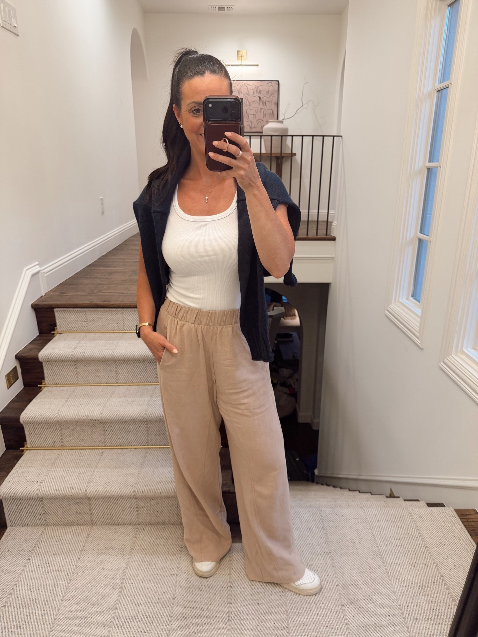 Casual comfy linen-like pants with the best white tee and throw on sweater.

#LTKOver40 #LTKSeasonal #LTKmomlife